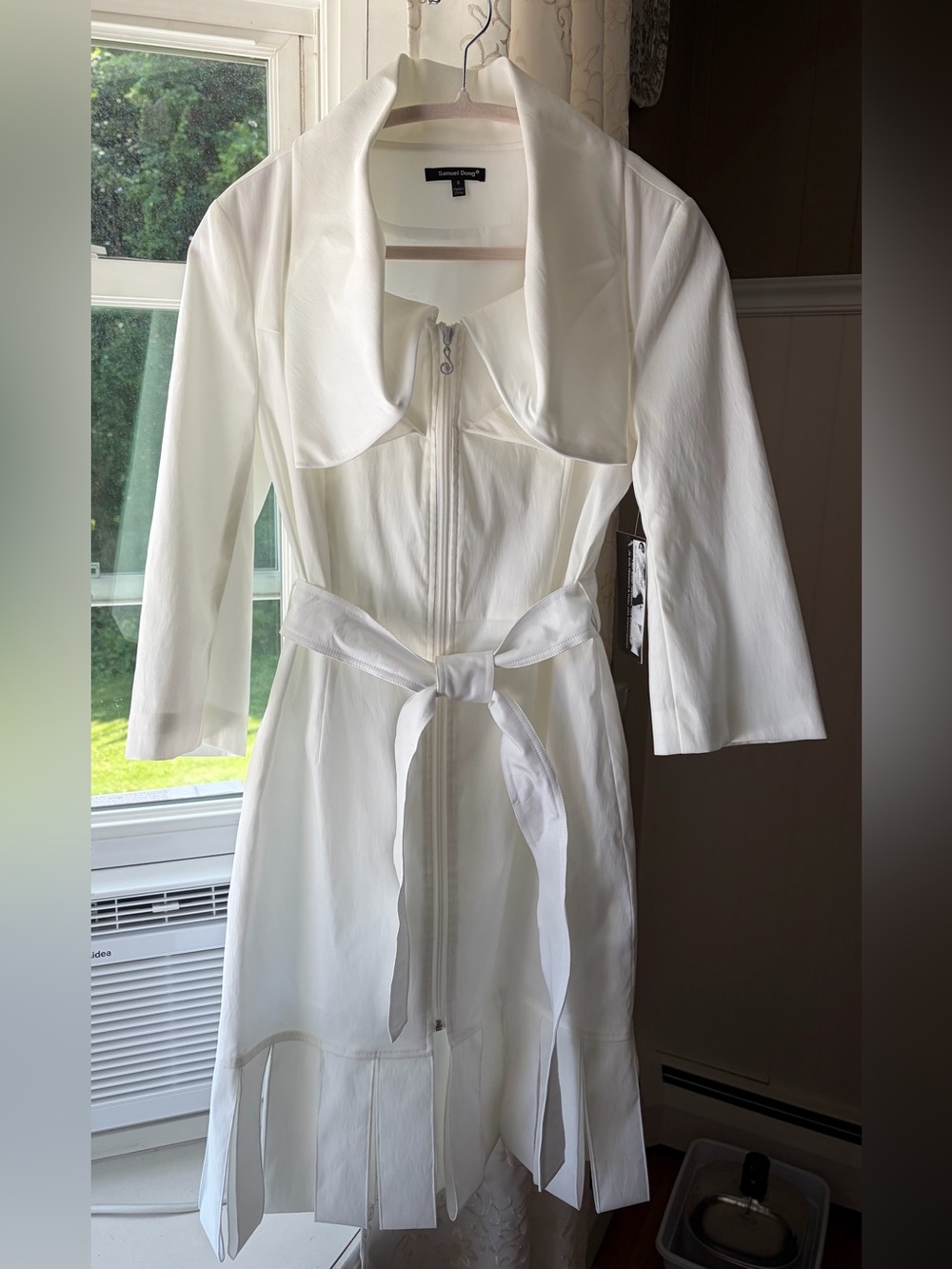 NWT Samuel Dong Designer Statement Collar Lux White Trench Coat Edgy Fringe Sz S